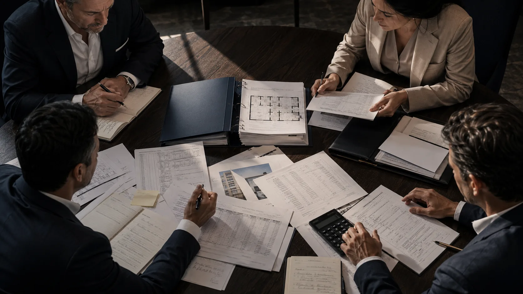 Profissionais analisam plantas e documentos imobiliários sobre uma mesa.