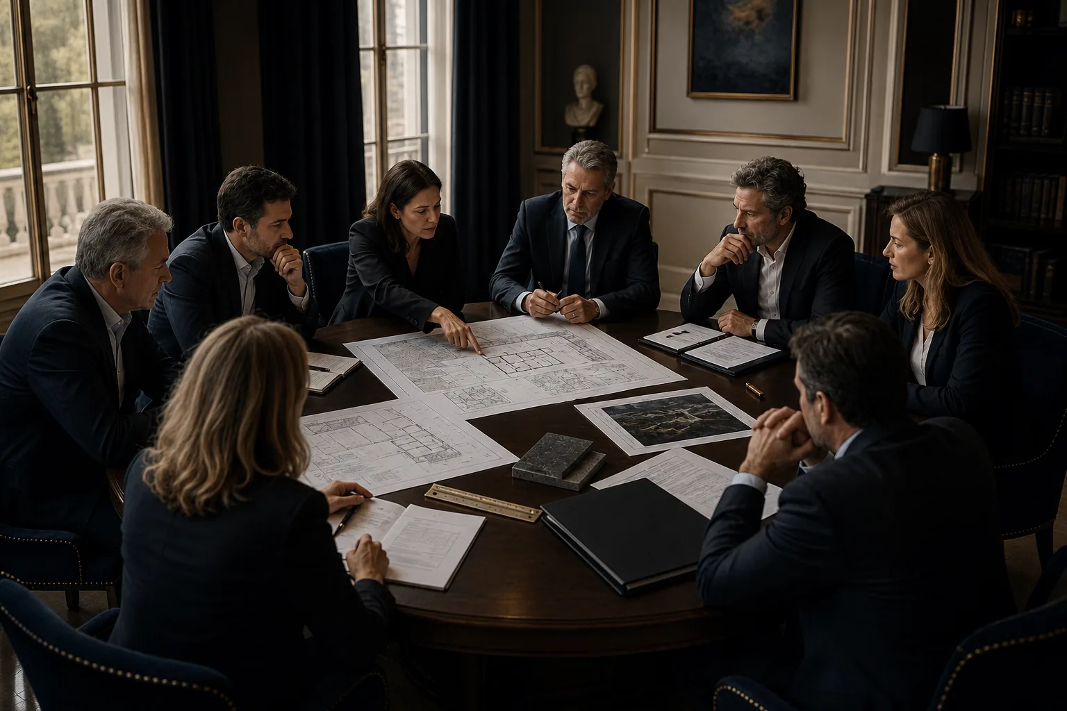 Grupo de profissionais discute plantas imobiliárias em uma mesa de reunião.
