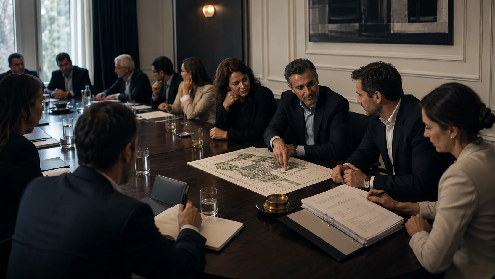 Profissionais reunidos ao redor de uma planta imobiliária em conversa de negócios.